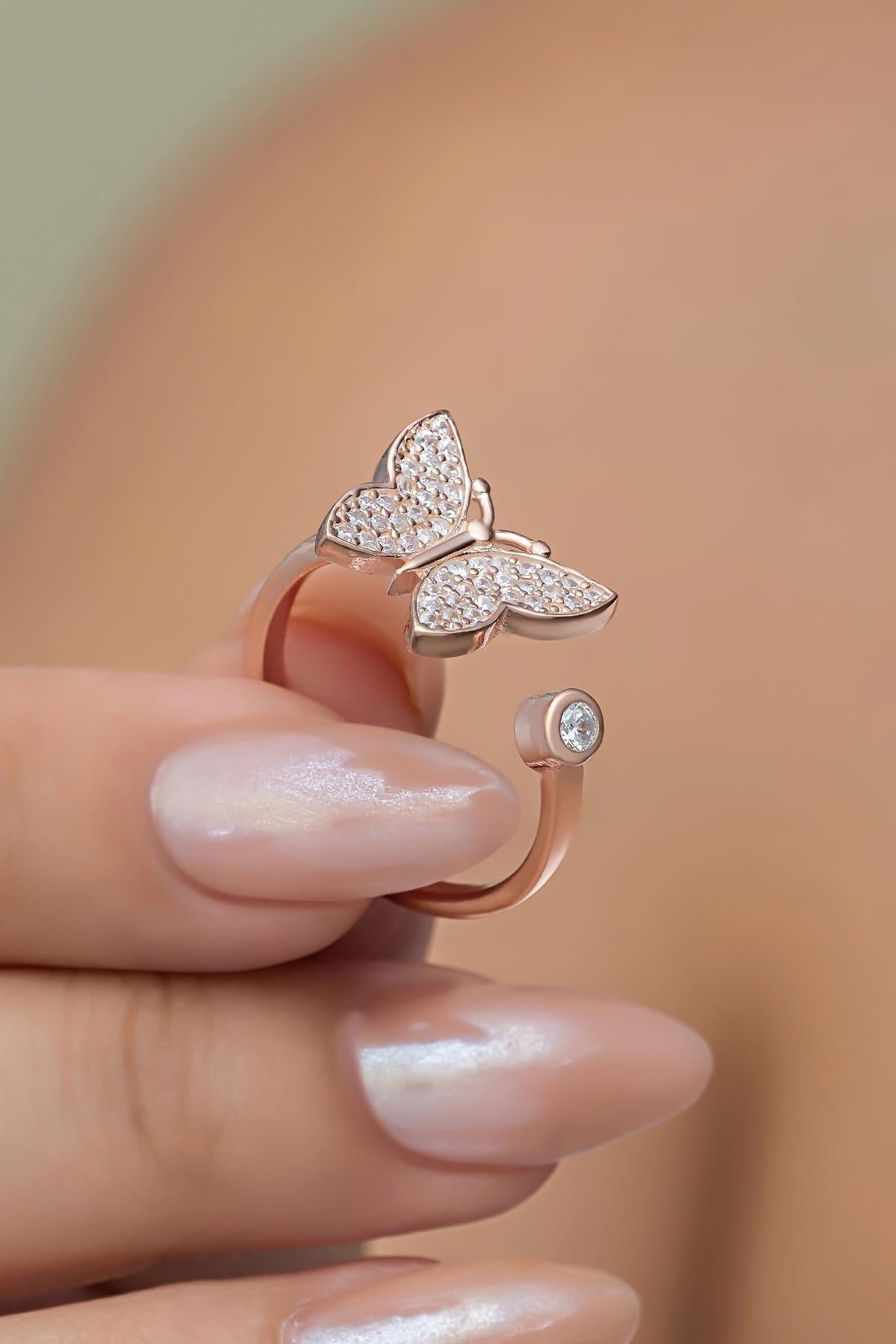 925 Sterling Silver Adjustable Butterfly Ring | Rose Gold Plated Zircon Floral Ring