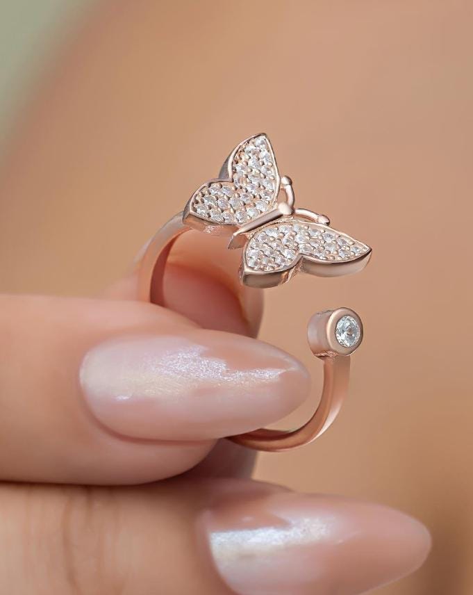925 Sterling Silver Adjustable Butterfly Ring | Rose Gold Plated Zircon Floral Ring