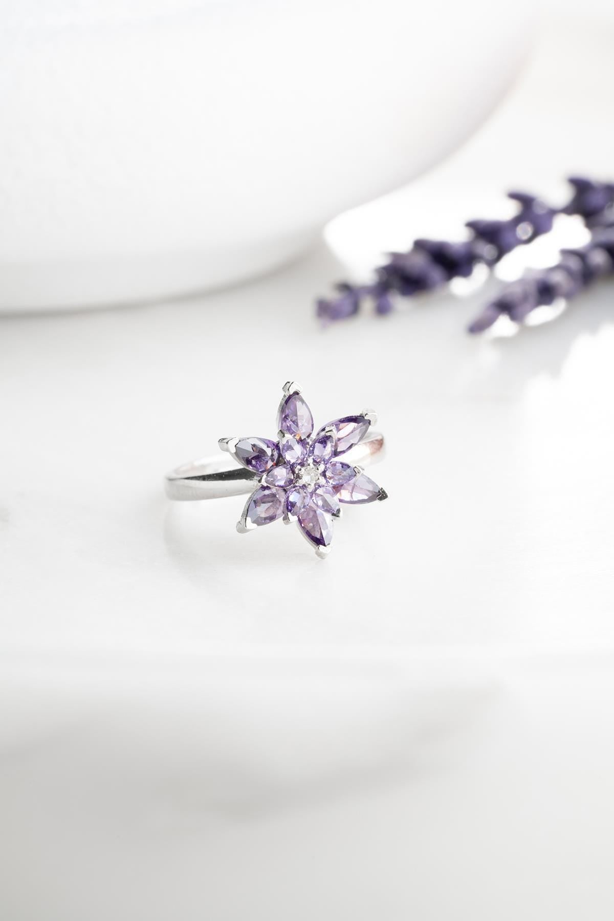 Sterling Silver Adjustable Lotus Ring with Purple Zircon
