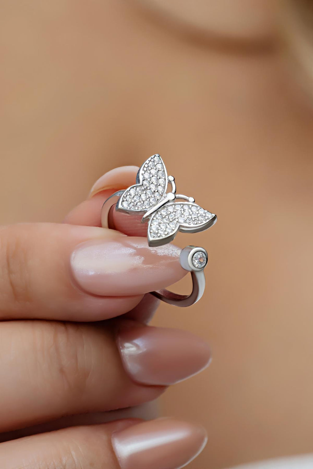 Sterling Silver Butterfly Ring | Adjustable Zircon Design