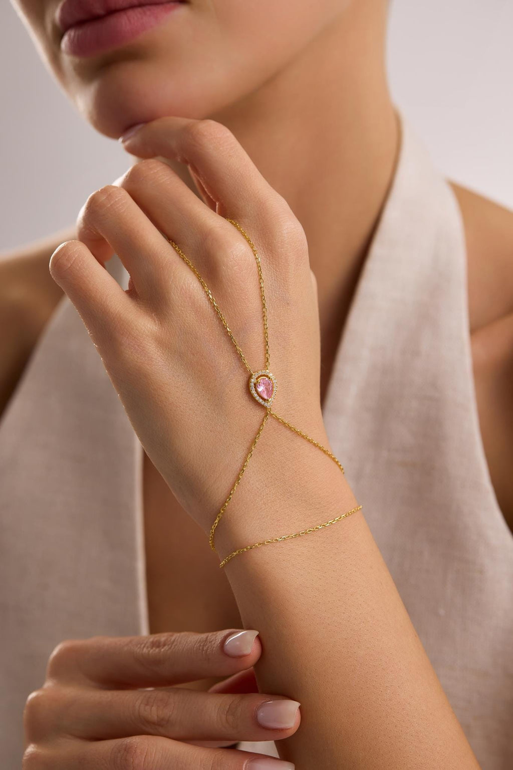 Gold Plated Sterling Silver Hand Chain Bracelet, Pink Teardrop Zircon