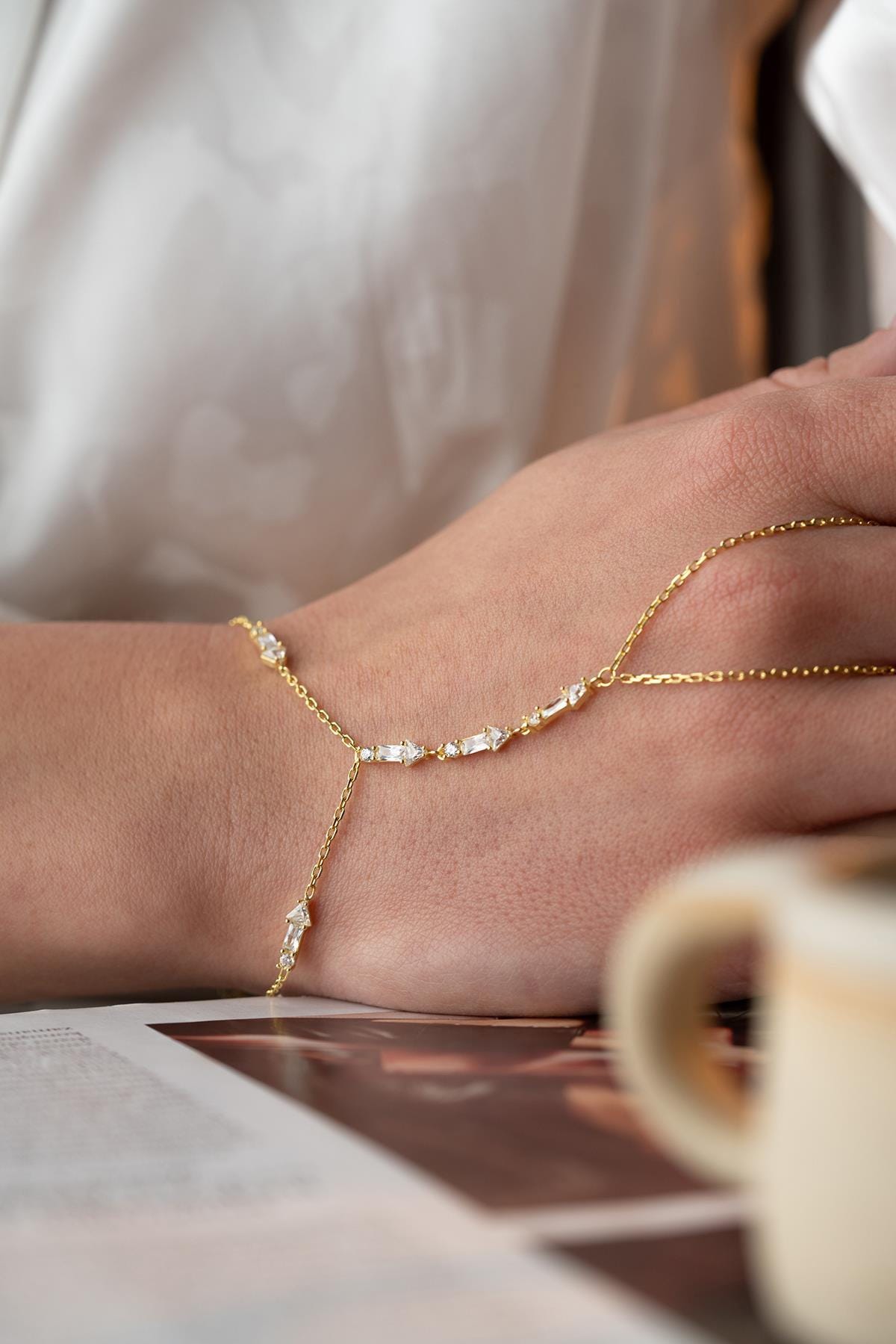 Gold Plated Sterling Silver Arrow Hand Chain Bracelet, Zircon Jewelry