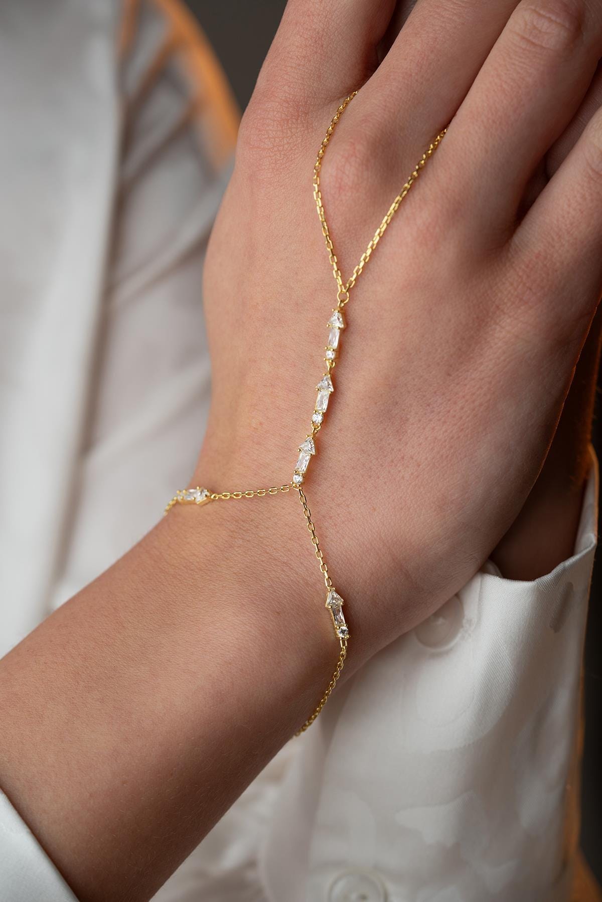 Gold Plated Sterling Silver Arrow Hand Chain Bracelet, Zircon Jewelry