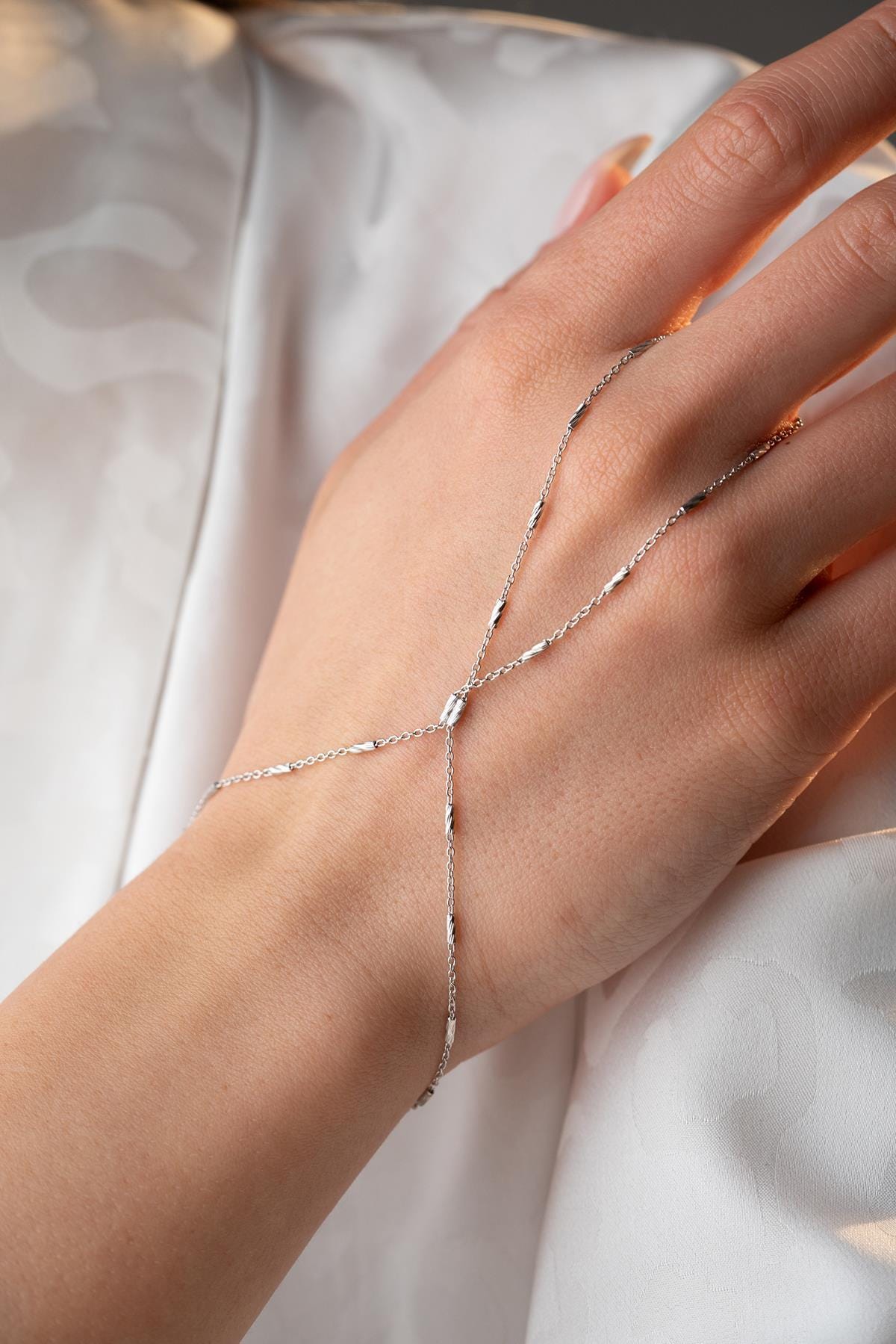 Sterling Silver Shâhmeran Hand Chain Bracelet, Minimalist Cylinder Design