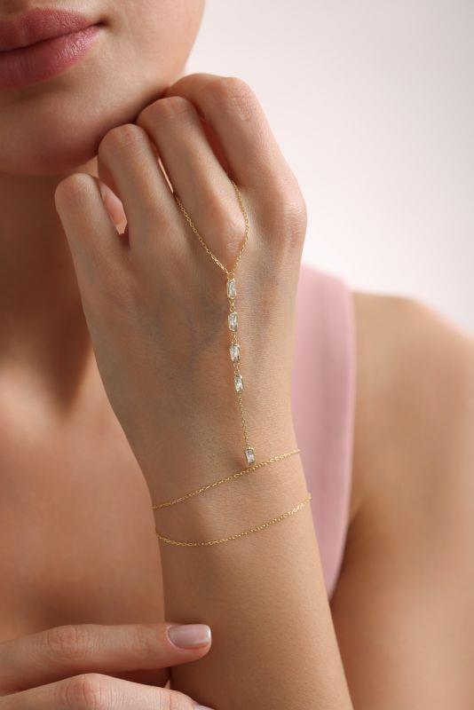Gold Plated Sterling Silver Shahmaran Hand Bracelet | Baguette Zircon
