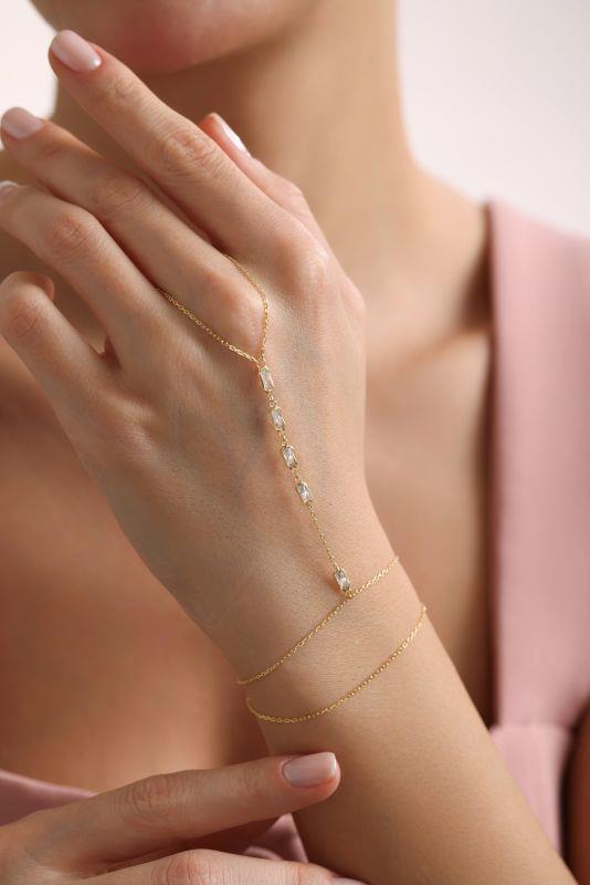 Gold Plated Sterling Silver Shahmaran Hand Bracelet | Baguette Zircon