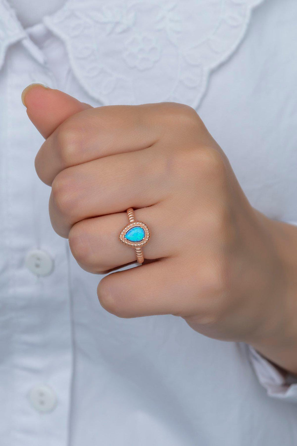 Blue Opal Teardrop Ring | 925 Sterling Silver Adjustable Rose Gold Plated Ring