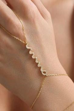 Gold Plated Sterling Silver Snake Hand Chain Bracelet, Zircon Serpent Şahmeran