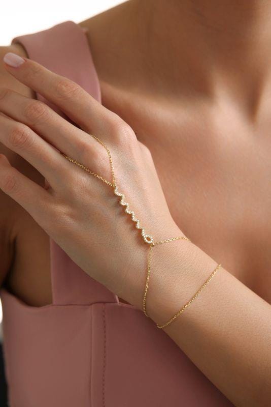 Gold Plated Sterling Silver Snake Hand Chain Bracelet, Zircon Serpent Şahmeran
