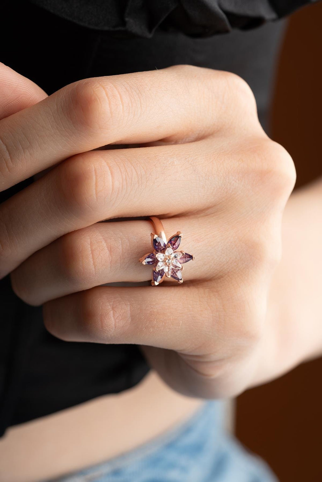 Lotus Flower Ring | 925 Sterling Silver Adjustable Rose Gold Plated Zircon Ring