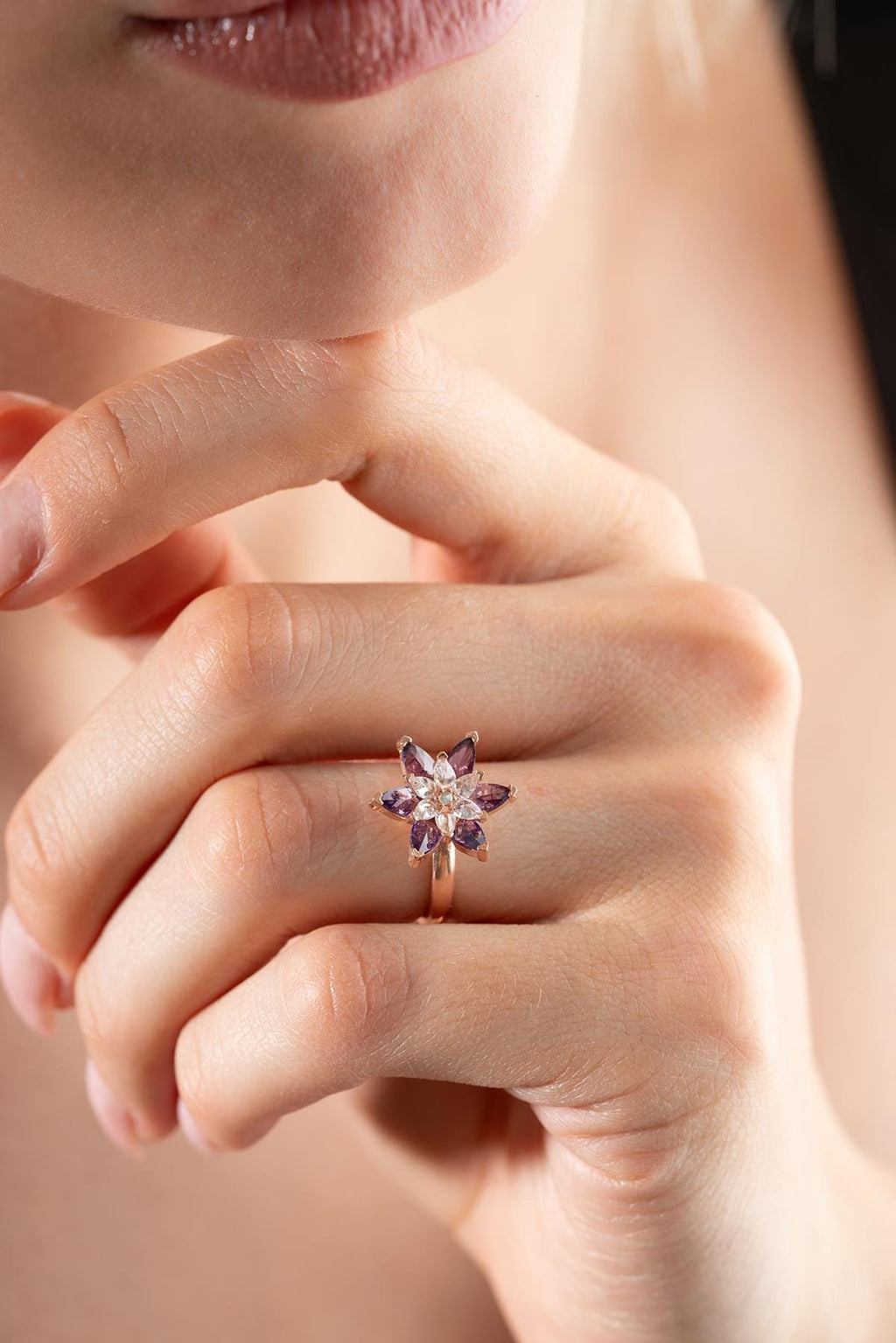 Lotus Flower Ring | 925 Sterling Silver Adjustable Rose Gold Plated Zircon Ring