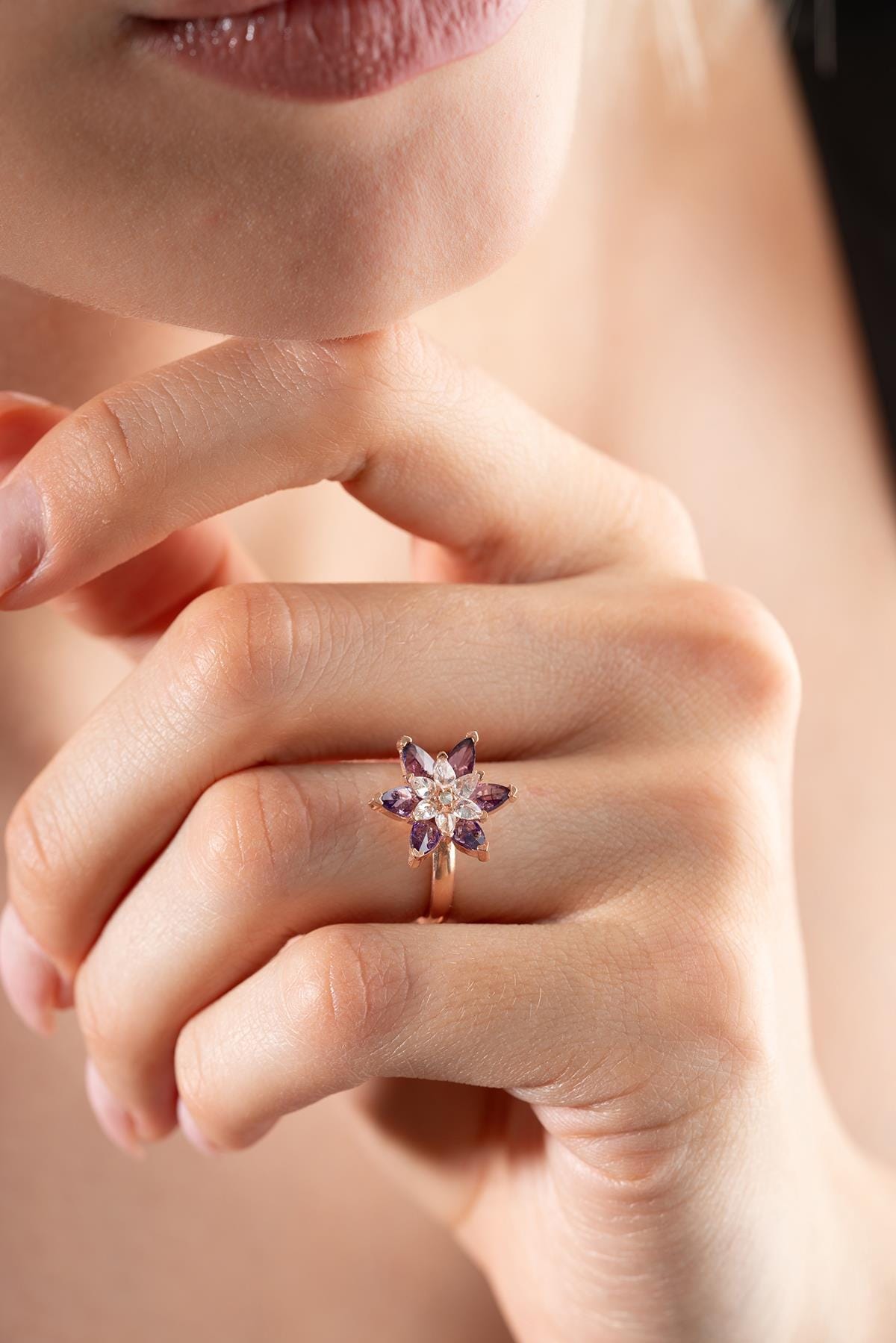 Lotus Flower Ring | 925 Sterling Silver Adjustable Rose Gold Plated Zircon Ring
