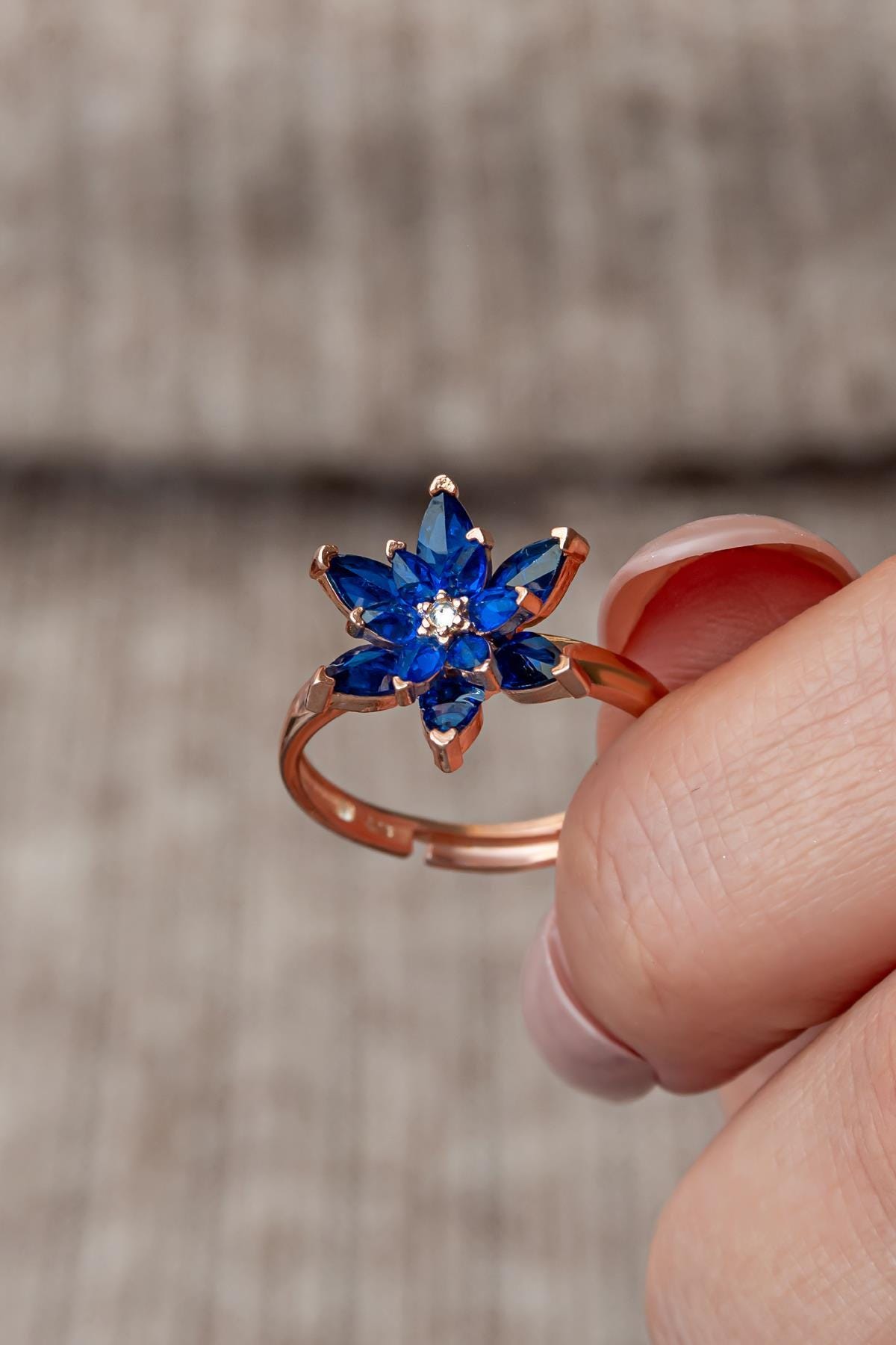Blue Lotus Flower Ring | 925 Sterling Silver Adjustable Rose Gold Plated Zircon Ring