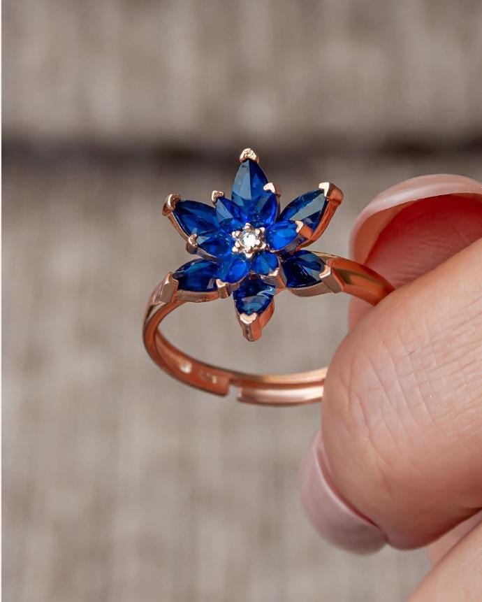 Blue Lotus Flower Ring | 925 Sterling Silver Adjustable Rose Gold Plated Zircon Ring