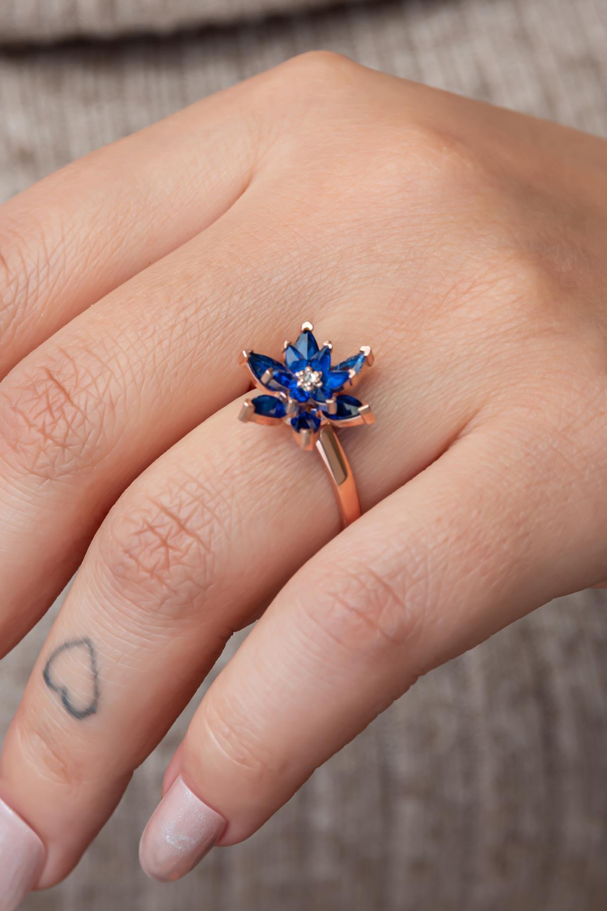 Blue Lotus Flower Ring | 925 Sterling Silver Adjustable Rose Gold Plated Zircon Ring