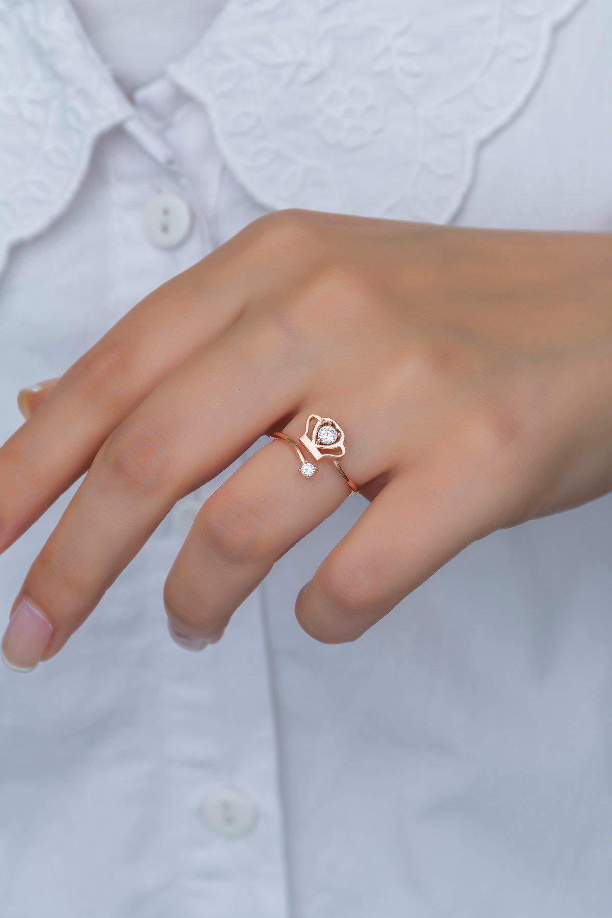 Crown Ring with Zircon | 925 Sterling Silver Adjustable Rose Gold Plated Ring