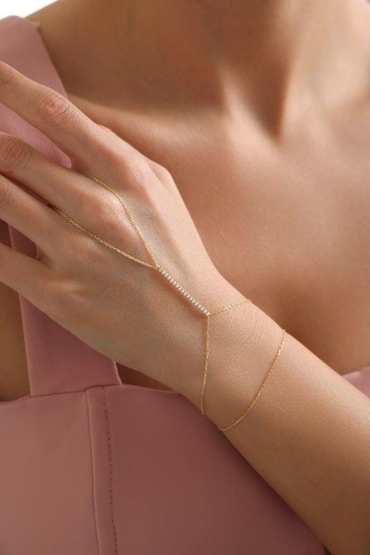 Gold Plated Sterling Silver CZ Bar Hand Chain Bracelet
