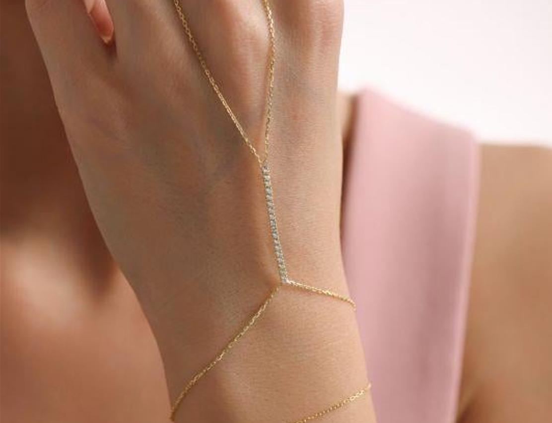 Gold Plated Sterling Silver CZ Bar Hand Chain Bracelet