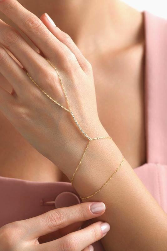 Gold Plated Sterling Silver CZ Bar Hand Chain Bracelet