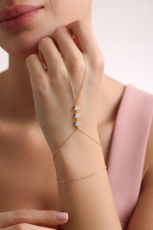 Gold Plated Sterling Silver Star Hand Chain Bracelet, Zircon Celestial Jewelry