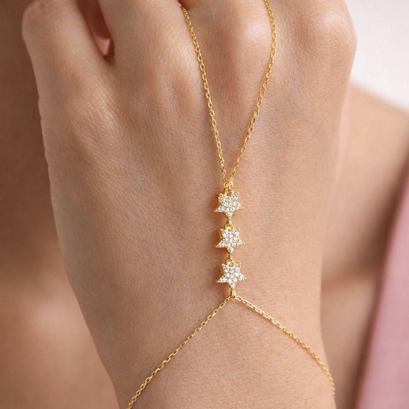Gold Plated Sterling Silver Star Hand Chain Bracelet, Zircon Celestial Jewelry
