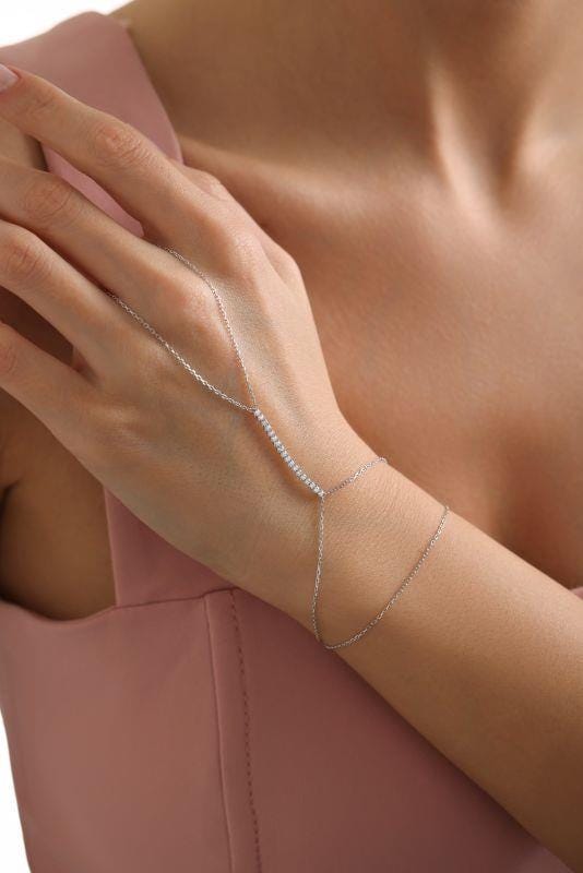 Sterling Silver Zircon Bar Hand Chain Bracelet, Minimalist Sahmeran