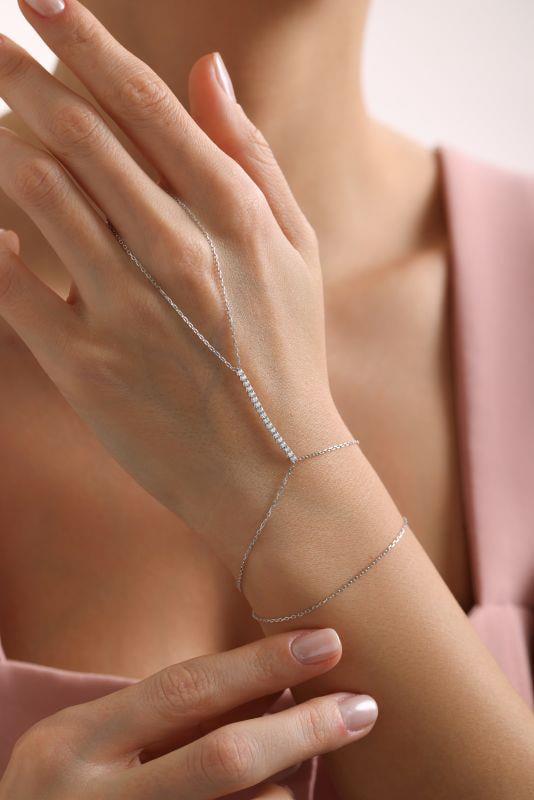 Sterling Silver Zircon Bar Hand Chain Bracelet, Minimalist Sahmeran