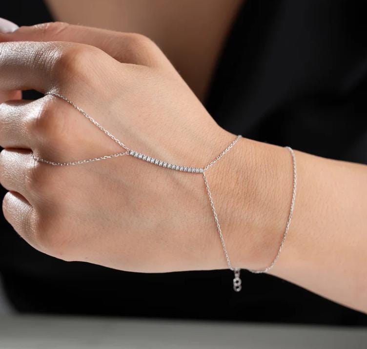 Sterling Silver Zircon Bar Hand Chain Bracelet, Minimalist Sahmeran