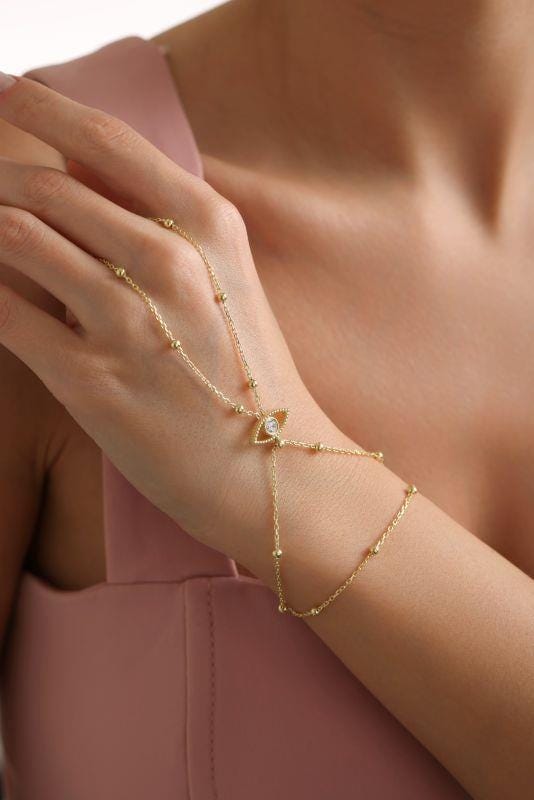 Gold Plated Sterling Silver Evil Eye Hand Chain Bracelet, CZ Shahmaran Jewelry