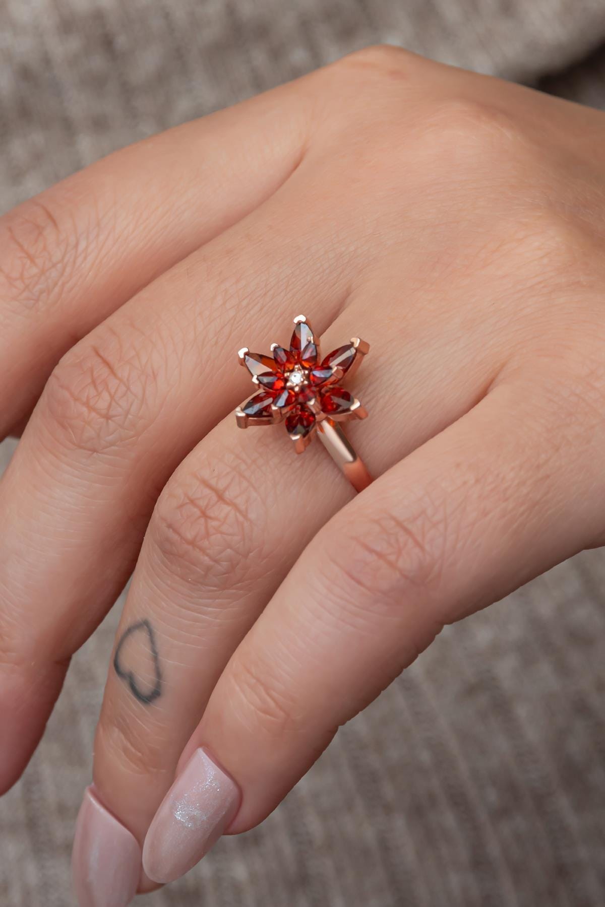 Rose Gold Red Lotus Ring | Sterling Silver CZ Floral Jewelry