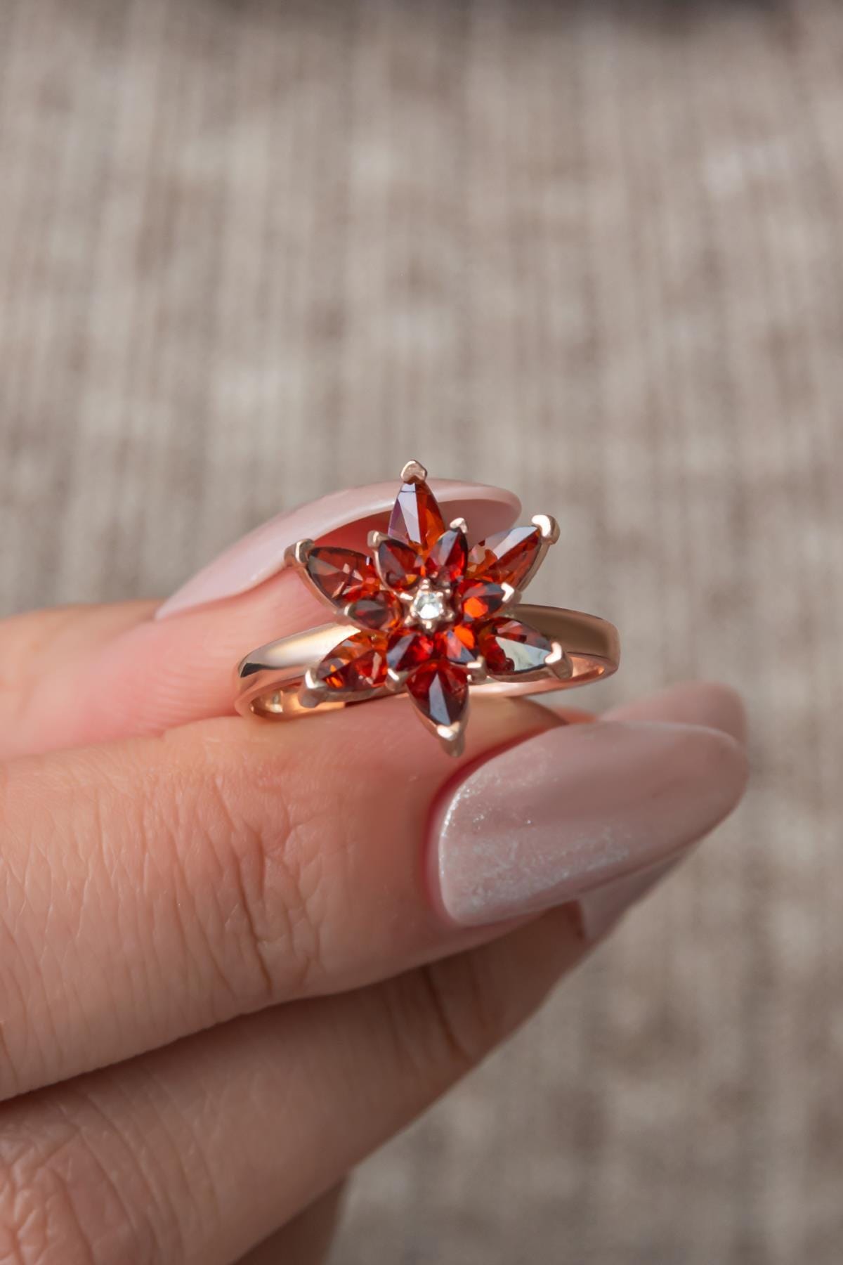 Rose Gold Red Lotus Ring | Sterling Silver CZ Floral Jewelry