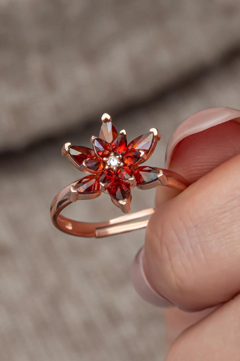 Rose Gold Red Lotus Ring | Sterling Silver CZ Floral Jewelry