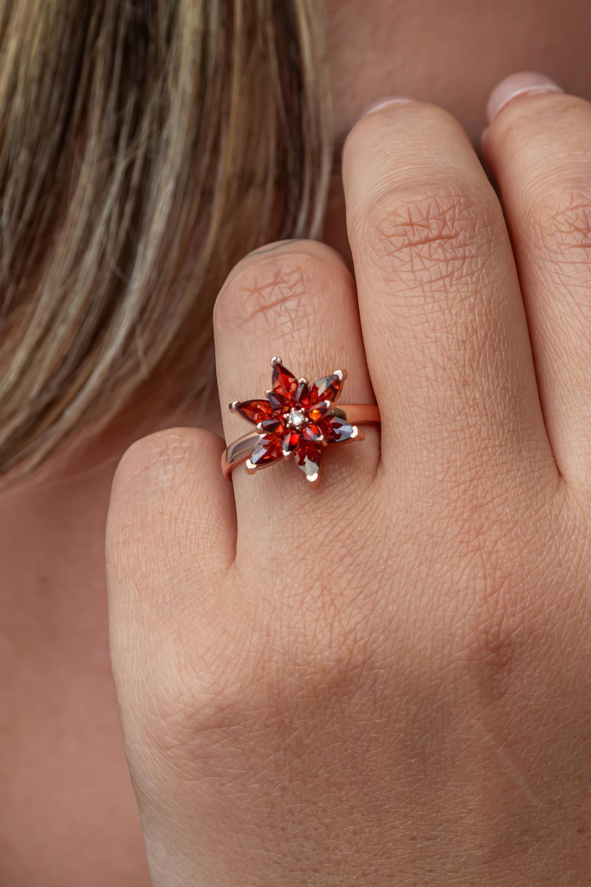 Rose Gold Red Lotus Ring | Sterling Silver CZ Floral Jewelry
