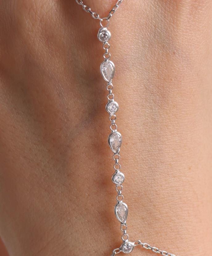 Sterling Silver Shahmaran Hand Chain Bracelet, Teardrop Zircon Jewelry