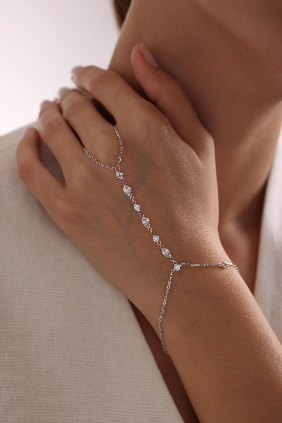Sterling Silver Shahmaran Hand Chain Bracelet, Teardrop Zircon Jewelry