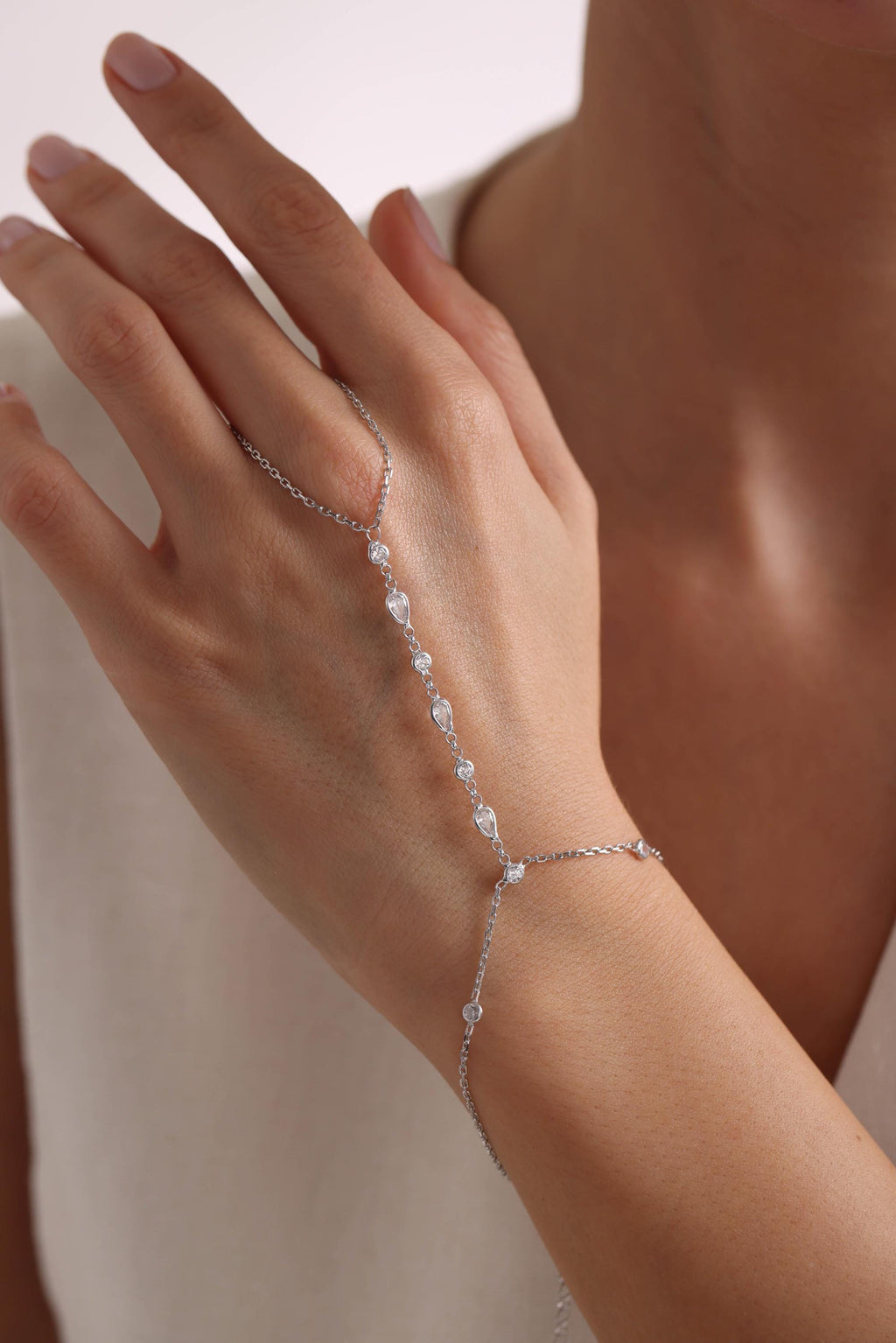 Sterling Silver Shahmaran Hand Chain Bracelet, Teardrop Zircon Jewelry