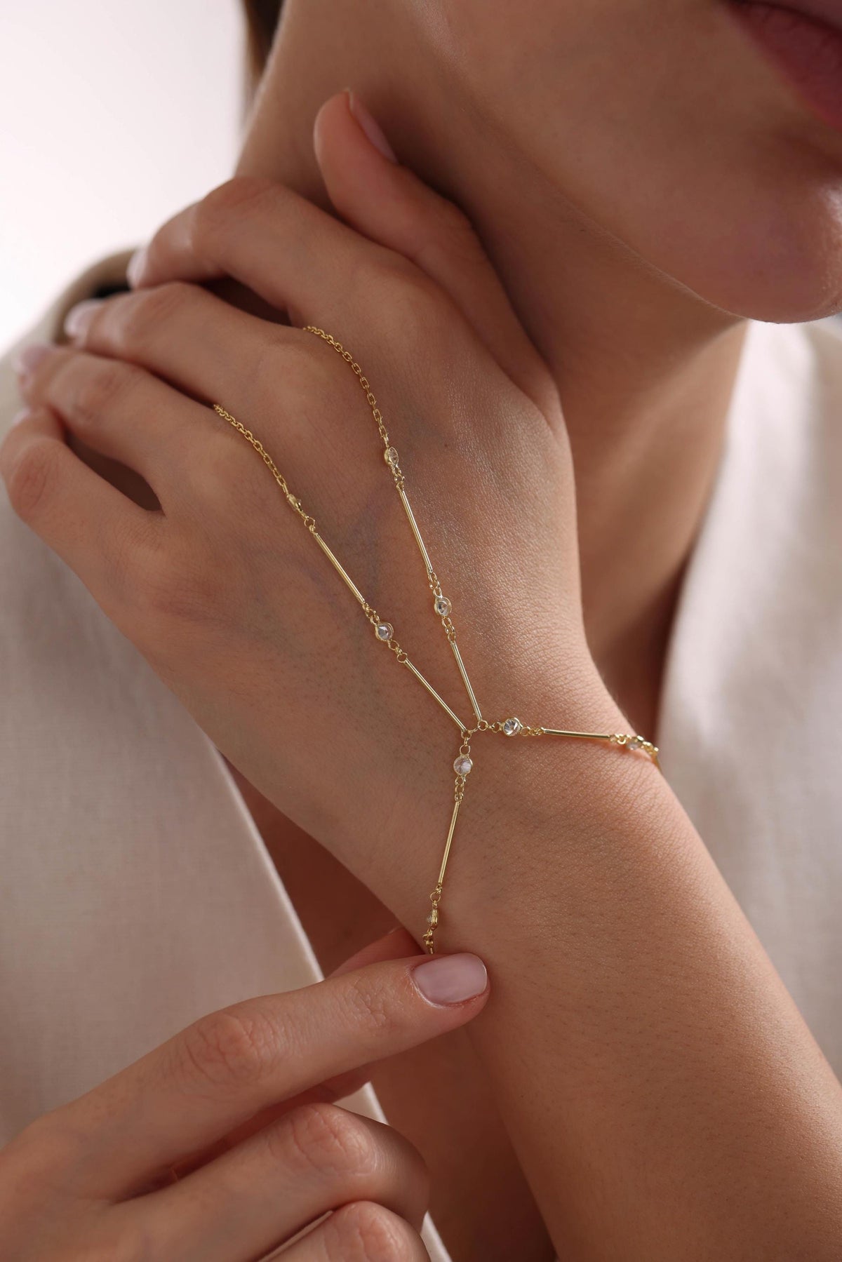 Gold Plated Sterling Silver Zircon Shahmaran Hand Chain Bracelet