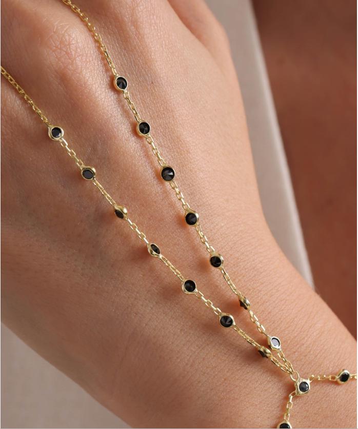Gold Plated Sterling Silver Shahmaran Bracelet | Black Zircon Hand Chain