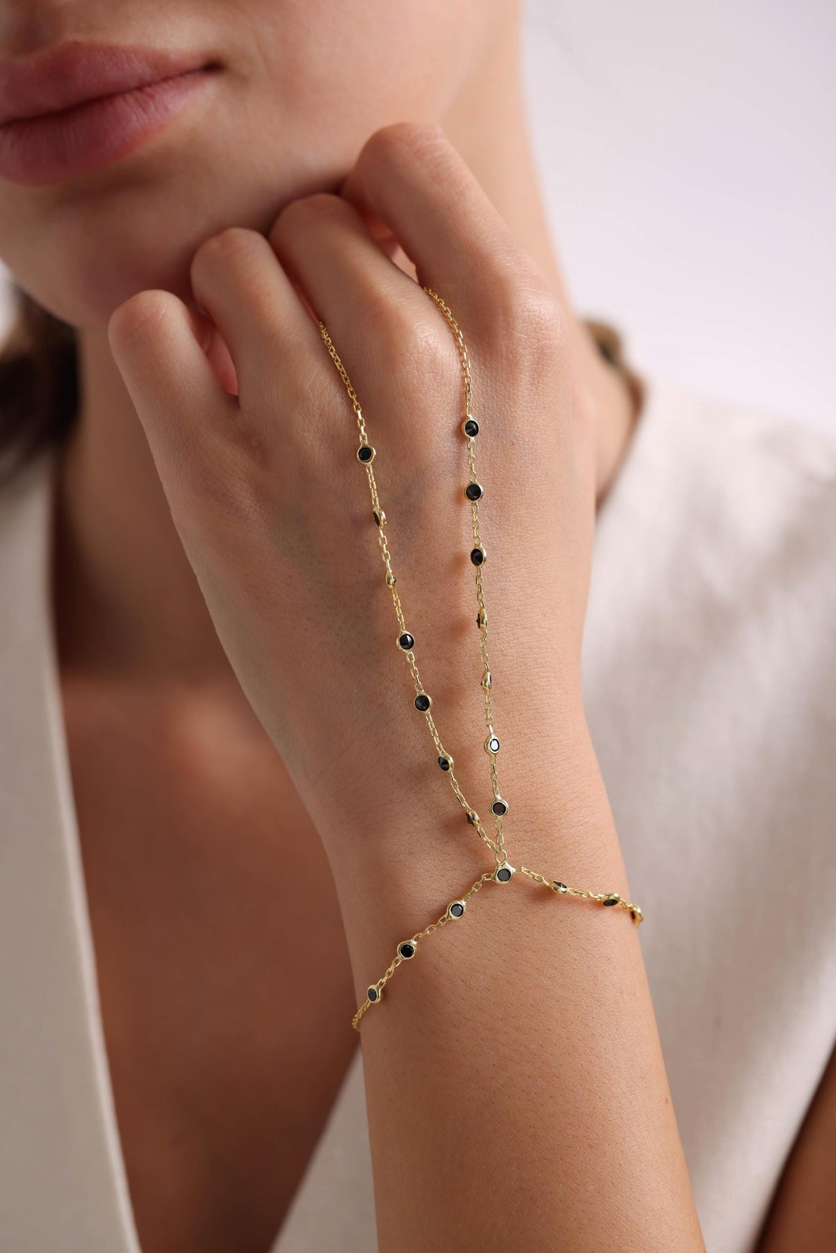 Gold Plated Sterling Silver Shahmaran Bracelet | Black Zircon Hand Chain