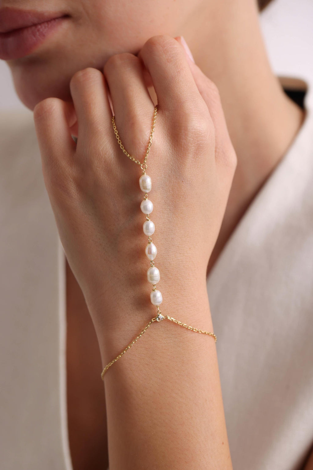 Gold Plated Sterling Silver Pearl Hand Chain Bracelet | Shahmaran Jewelry