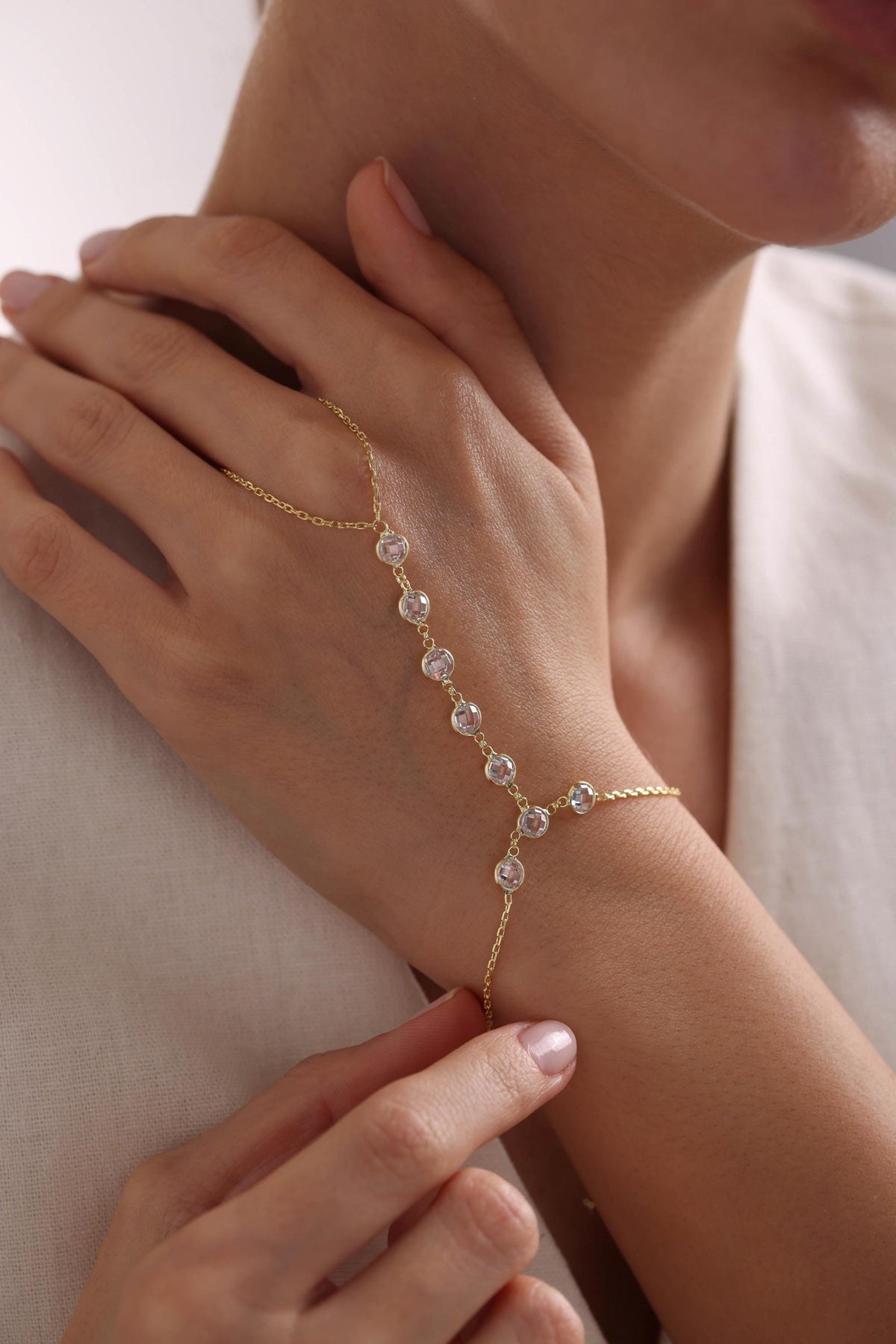 Gold Plated Sterling Silver Shahmaran Bracelet, Zircon Hand Chain