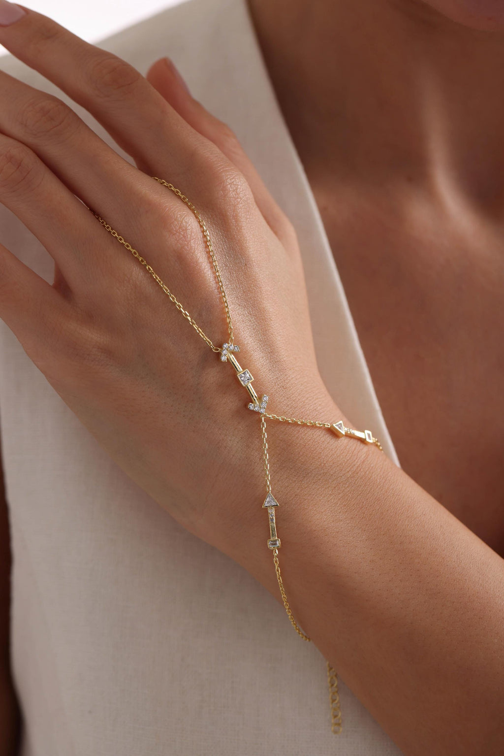 Gold Plated Sterling Silver Arrow Shahmaran Bracelet, Zircon Hand Chain