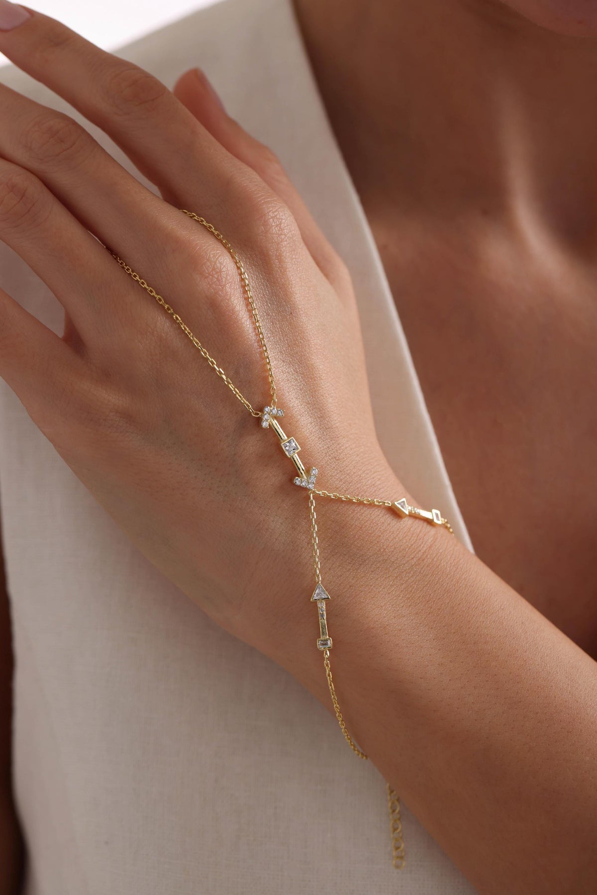 Gold Plated Sterling Silver Arrow Shahmaran Bracelet, Zircon Hand Chain