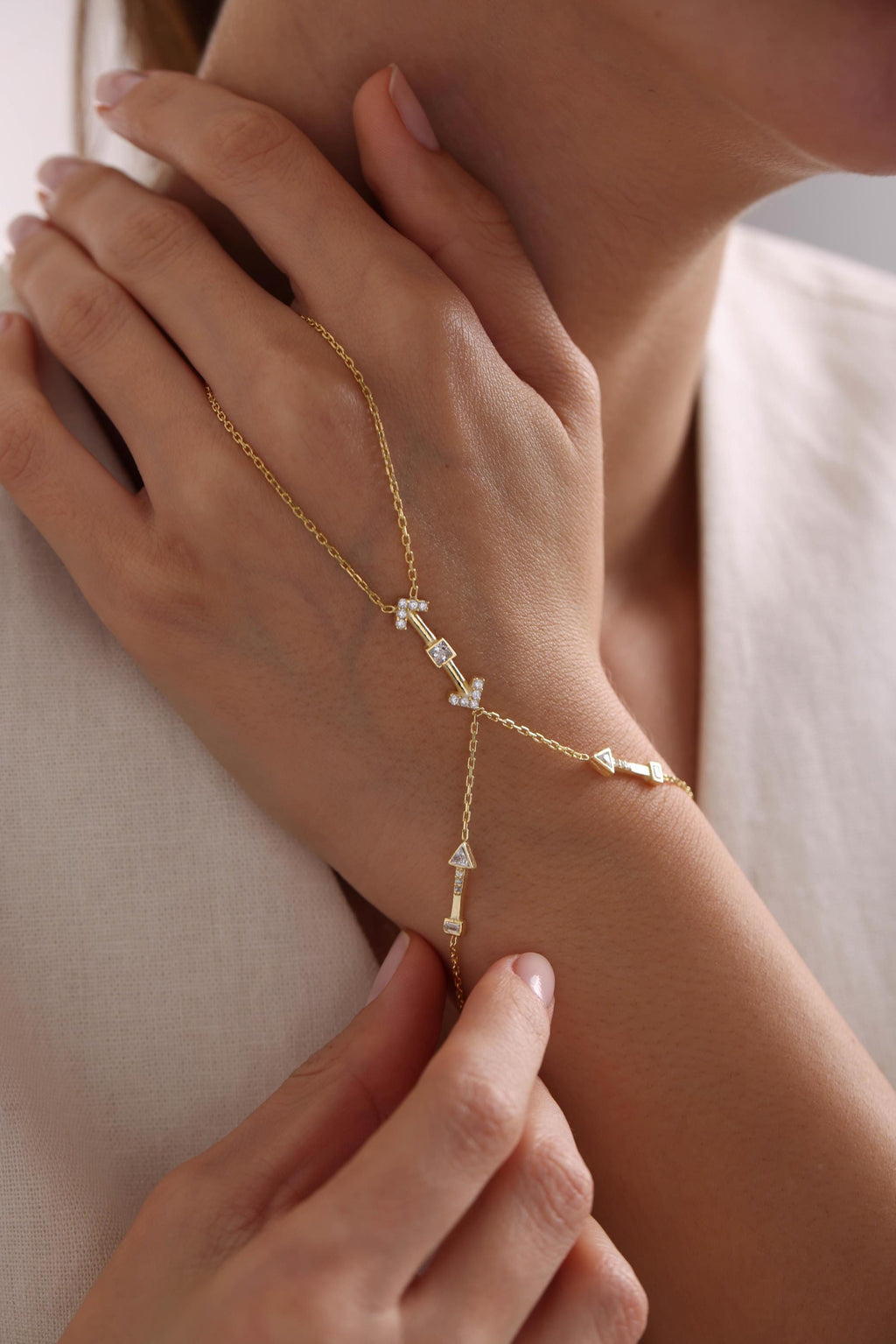 Gold Plated Sterling Silver Arrow Shahmaran Bracelet, Zircon Hand Chain