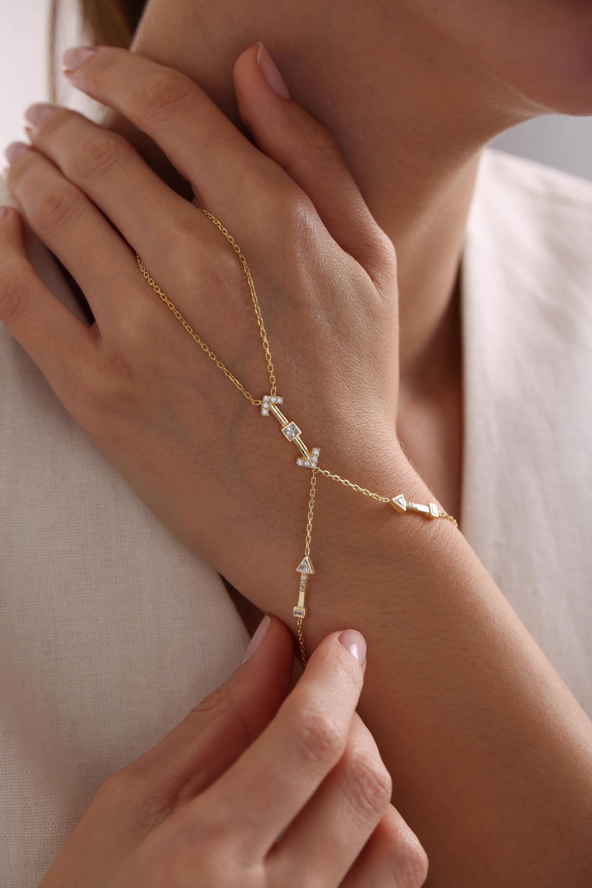Gold Plated Sterling Silver Arrow Shahmaran Bracelet, Zircon Hand Chain