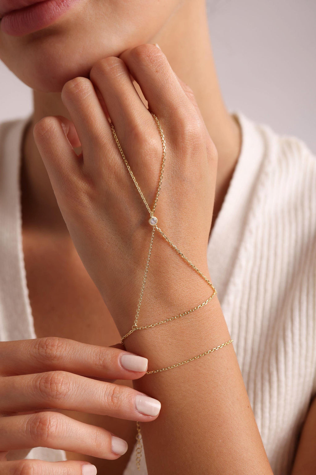 Gold Plated Sterling Silver Shahmaran Bracelet - Minimal Zircon Hand Chain