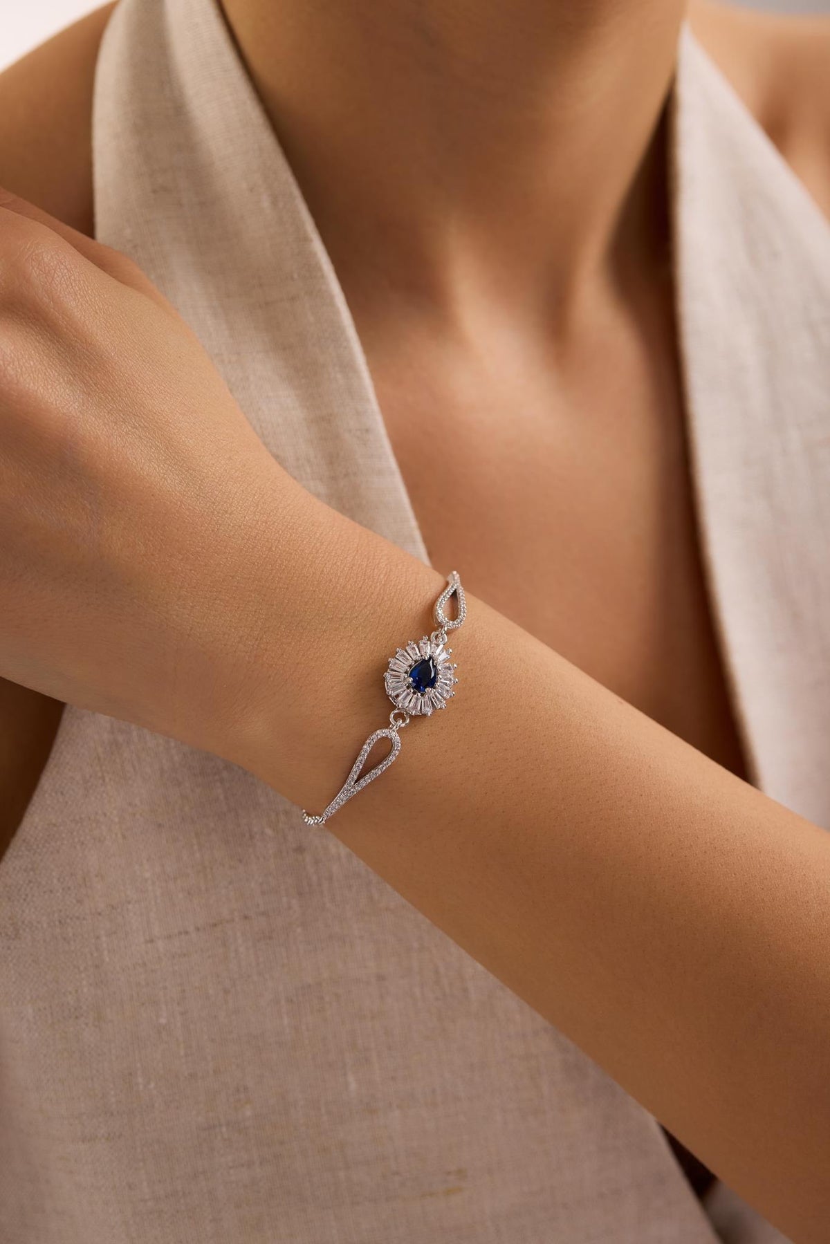 Rhodium Plated Silver Teardrop Bangle Bracelet | Blue Zircon (NRZ1000863)