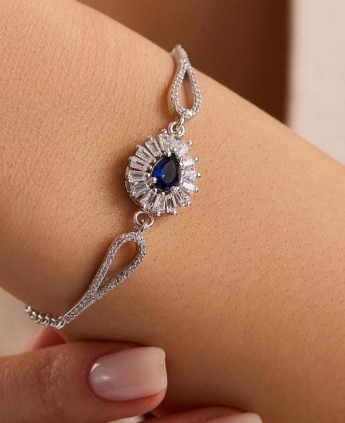 Rhodium Plated Silver Teardrop Bangle Bracelet | Blue Zircon (NRZ1000863)