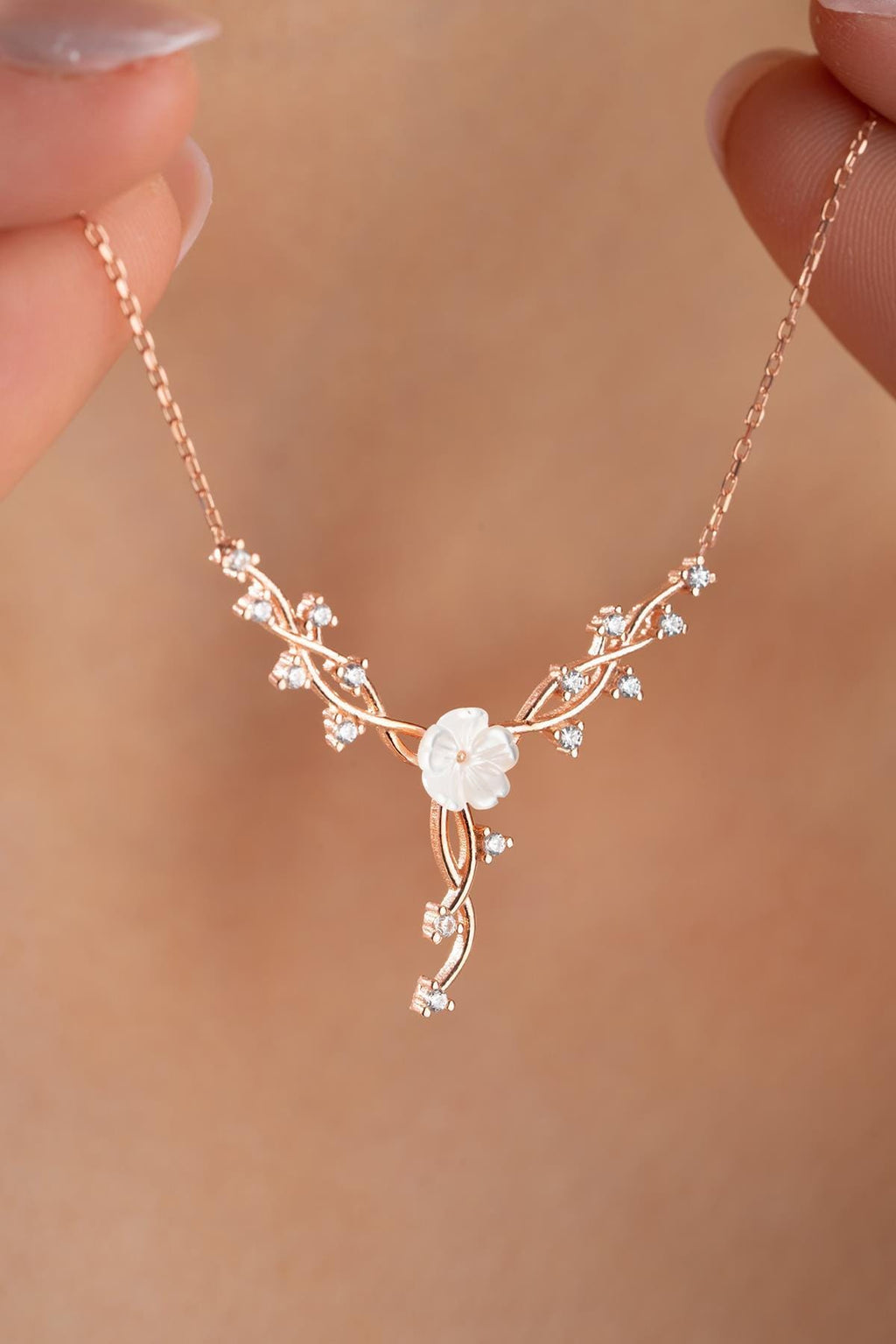 Rose Gold Magnolia Necklace | Sterling Silver Zircon Floral Vine Pendant (NRZ998918)