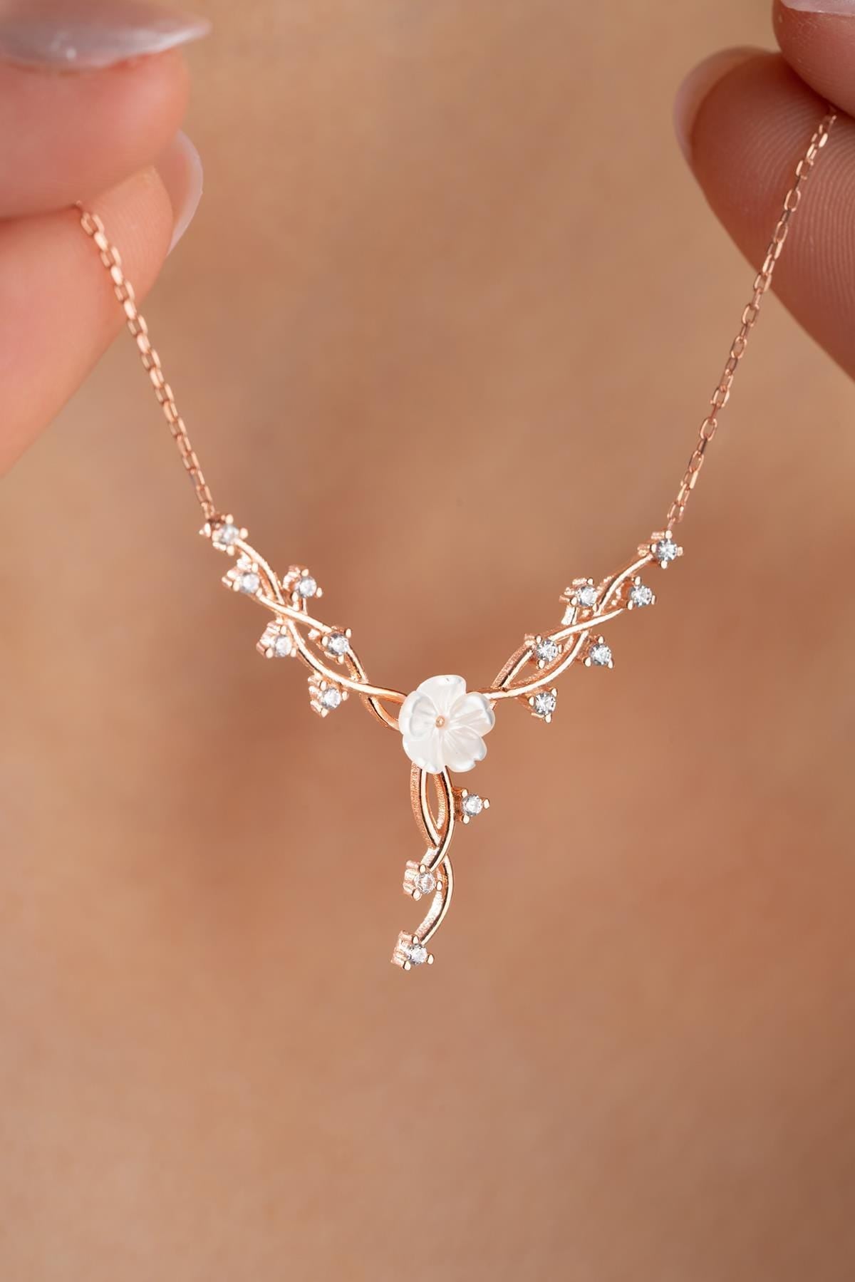 Rose Gold Magnolia Necklace | Sterling Silver Zircon Floral Vine Pendant (NRZ998918)